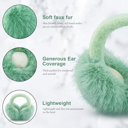 Earmuffs for Women Girls Faux Fur Fuzzy Headband Foldable Ear Covers Cold Weather Accessory - color: Green