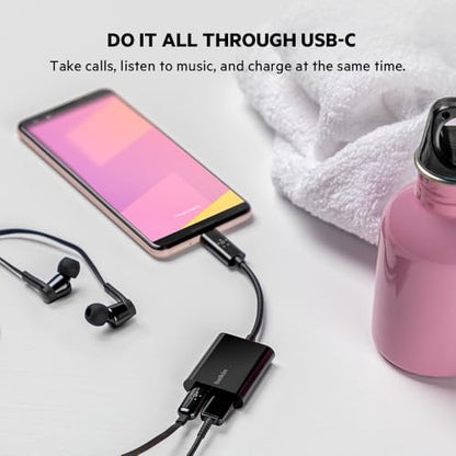 Belkin RockStar USB-C Audio + Charge Adapter, Headphone Adapter w/ USB-C 60W Power Delivery Fast Charging for iPhone, iPad Pro, Galaxy, Note, Google Pixel, LG G6, Sony Xperia, OnePlus, & More - Black | Headphone jack plus USB-C charging pass-through, comp