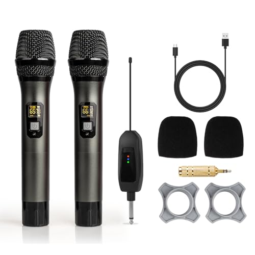 Soundgeek Wireless Microphone UHF Metal Dual Handheld Mic with Rechargeable Receiver 200ft Range, Microphone for Singing, Karaoke, Church, Speech, Wedding, Party Singing(2 Mics, Gray & Gray)