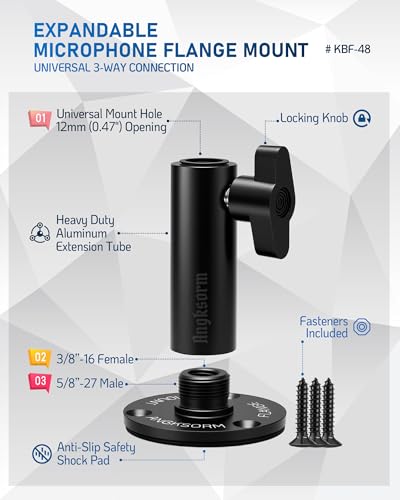 KBF-48 Microphone Flange Mount, 12mm Socket, 5/8-27 and 3/8-16 Threads | Compact mic mount base for compatible boom arms, goosenecks, desks, tables, podiums, walls, or ceilings - size: KBF-48 Flange Mount