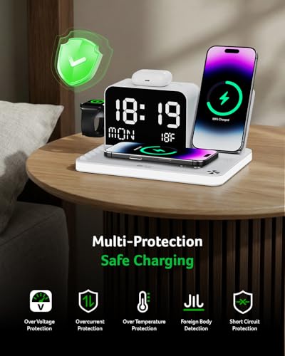 Acer 7-in-1 Wireless Charging Station with LED Clock - 30W Fast Wireless Charger for iPhone 16/15/14/13/12/Pro Max, Apple Watch, AirPods - Bluetooth Auto Time Sync & Night Lights (White) - color: White