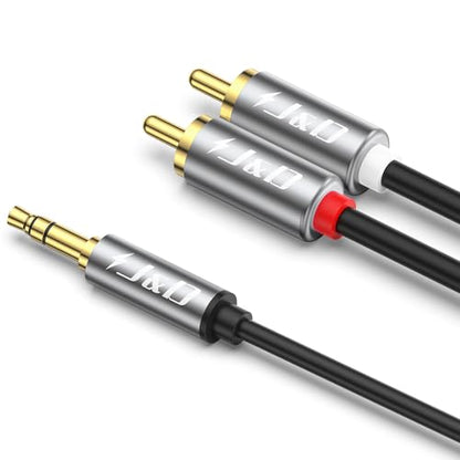 J&D 3.5mm Male to 2 RCA Phono Male Stereo Audio Cable, Aluminum Alloy Shell Gold-Plated RCA Audio Adapter Aux Cable, Grey, 15 Feet - color: Grey, size: 15 Feet