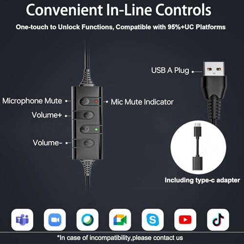 Arama USB Headset with Microphone Noise-Cancelling, Comfort Fit Computer Headset with Microphone for PC Laptop Mac Skype Zoom UC Webinar Business Call Center Home Office (Black-Monaural)
