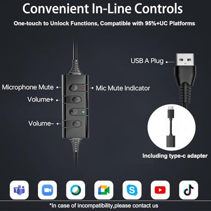 Arama USB Headset with Microphone Noise-Cancelling, Comfort Fit Computer Headset with Microphone for PC Laptop Mac Skype Zoom UC Webinar Business Call Center Home Office (Black-Monaural)