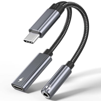 USB C to 3.5mm Headphone and Charger Adapter, 2 in 1 USB C to Aux Audio Adapter & 60W Fast Charging Dongle Compatible with iPhone 17Pro Max/16/15, Galaxy S25/S24/S23/S23FE, Pixel 9/8, iPad Pro - color: Grey