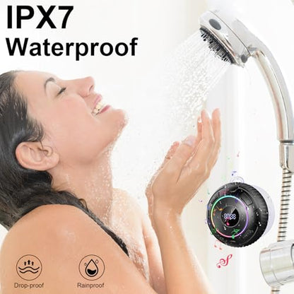 Hupoaf Bluetooth Shower Speaker, Bluetooth Speaker 5.3, 6D Sound, Portable Speaker with Suction Cup/Hook, IPX7 Waterproof, with LED Light/Time Display, for Outdoor/Party/Bathroom//Kayak/Gift