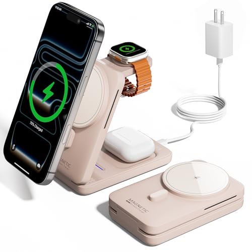 Foldable 3in1 Charging Station for Magsafe, Travel Phone and Watch Charger for Apple Devices, Wireless Charging Dock for iPhone 17 16 15 14 13 12 Series/Apple Watch/Airpods - color: Pink