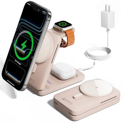 Foldable 3in1 Charging Station for Magsafe, Travel Phone and Watch Charger for Apple Devices, Wireless Charging Dock for iPhone 17 16 15 14 13 12 Series/Apple Watch/Airpods - color: Pink
