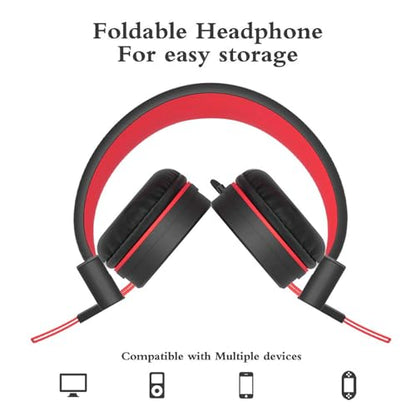 ELECDER i37 Kids Headphones for School Children Girls Boys Teens, Red | Foldable Adjustable Lightweight, 3.5mm Audio Jack On Ear Headphones for Smartphones Chromebook Computer PC Tablets Travel - color: Red