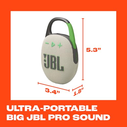 JBL Clip 5 - Ultra-Portable Waterproof Speaker - Sand | Ultra-portable JBL Pro Sound, Redesigned carabiner, Up to 12 hours of playtime plus 3 hours with Playtime Boost - color: Sand