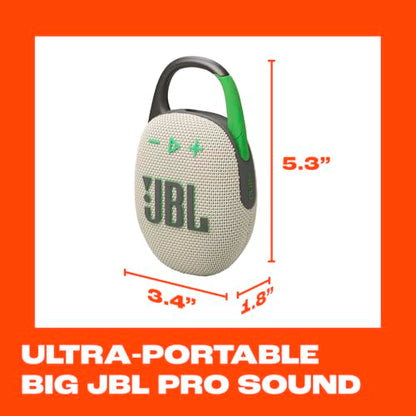 JBL Clip 5 - Ultra-Portable Waterproof Speaker - Sand | Ultra-portable JBL Pro Sound, Redesigned carabiner, Up to 12 hours of playtime plus 3 hours with Playtime Boost - color: Sand