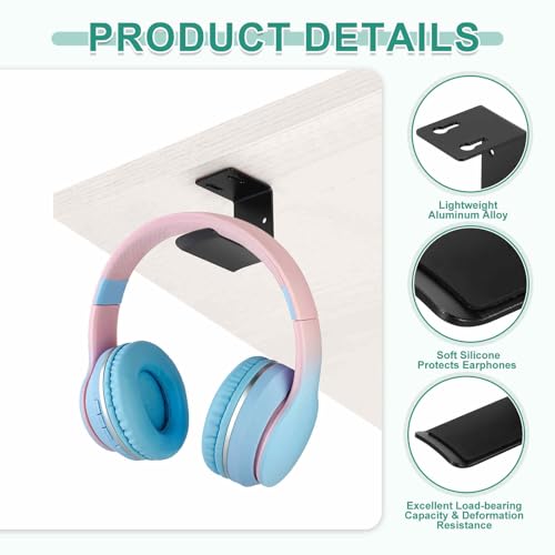 HARFINGTON Headphone Holder Stand Aluminum Headset Hook Headphone Clip Under Desk Hanger with Tape and Screws for Bedrooms Study Libraries Offices, Black - color: Black