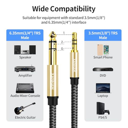 3.5mm to 1/4 Stereo Audio Cable 6.6 Feet /2M, 1/8" to 6.35mm 1/4" TRS Male Aux Cord Double Shielded with Braiding for Guitar, Amplifiers, PC, Home Theater, Speaker, etc. - size: 6.6 Feet