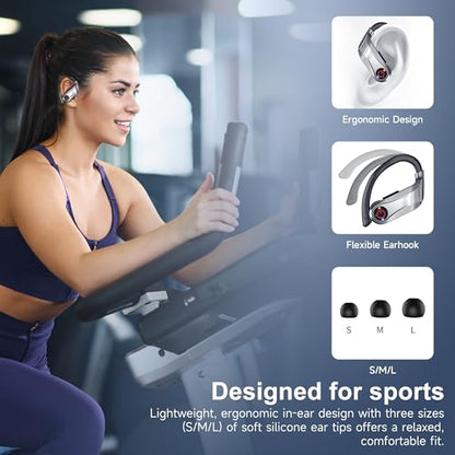 Bluetooth 6.1 Headphones True Wireless Earbuds 120hrs Playtime Wireless Charging Case, Digital Display Sports Ear Buds with Earhook Hi-Res Audio Clear Calls Earphones IPX7 Waterproof for Running Gym