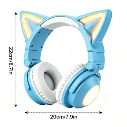Cat Ear Headphones with Microphone,Gaming Headset,LED Lights | Bluetooth Over Ear Headphones,Dual Mode Wireless & Wired Headphones,Compatible with Phone/PC/Tablet/TV,Foldable,Blue - color: Blue