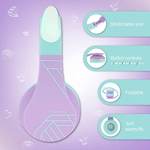 PowerLocus Bluetooth Headphones for Kids, Wireless Foldable Headphones Over Ear, Headphone with Microphone, 85DB Volume Limit, Wireless and Wired Headset with Micro SD, FM for Cellphones, Tablets, PC - color: Teal/Purple Cat Ears