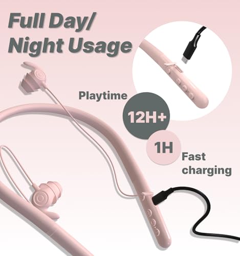 Hmusic HS88 Sleep Earbuds for Side Sleepers, 30dB Noise Isolation | Ultra-Thin Silicone, 12H Playtime with Sleep Timer, Secure Fit Neckband Headphones for Yoga, Travel, Audiobooks & Meditation - color: Pink