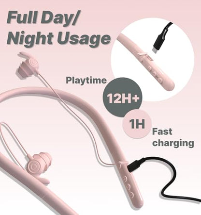 Hmusic HS88 Sleep Earbuds for Side Sleepers, 30dB Noise Isolation | Ultra-Thin Silicone, 12H Playtime with Sleep Timer, Secure Fit Neckband Headphones for Yoga, Travel, Audiobooks & Meditation - color: Pink