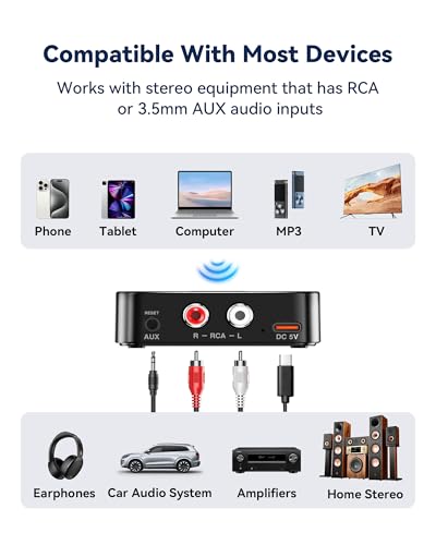 6.0 Bluetooth to RCA Adapter for Stereo Receiver-Long Range Low Latency Bluetooth Receiver for Home Stereo Wireless Audio Adapter for Music Streaming Sound System
