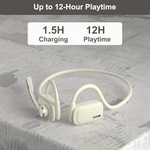 Open Ear Bluetooth V5.4 Wireless Headphones with Noise Cancelling Mic | 12H Playtime, 15.4mm Diaphragm Driver, Open Ear Headset for Office Meeting Running Cycling Driving (Beige)