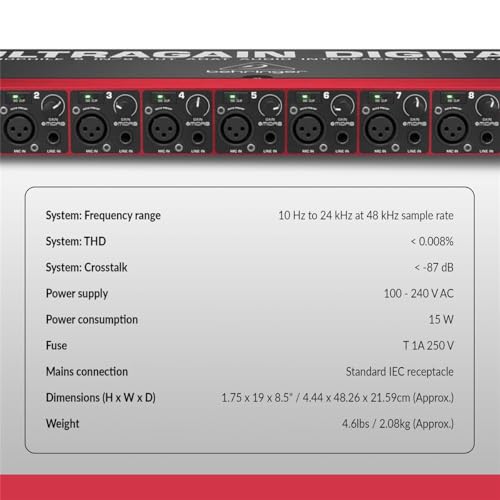 Behringer Ultragain Digital ADA8200 Audiophile 8 In/8 Out ADAT Audio Interface with MIDAS Mic Preamplifiers with 2x 25' XLR Cables