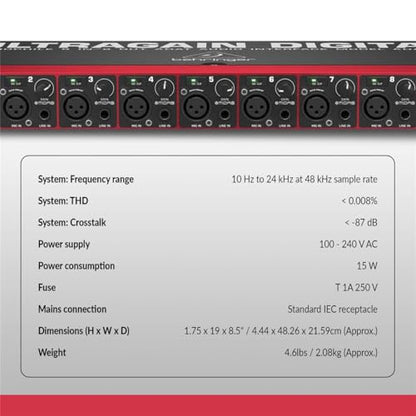 Behringer Ultragain Digital ADA8200 Audiophile 8 In/8 Out ADAT Audio Interface with MIDAS Mic Preamplifiers with 2x 25' XLR Cables