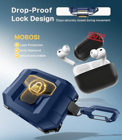 MOBOSI for AirPods Pro 3 Case 2025 with Drop-Proof Lock, Blue | Cleaning Kit & Keychain, Compatible with MagSafe, Military-Grade Protection Hard Cover for iPods Pro 3rd Generation - color: Blue