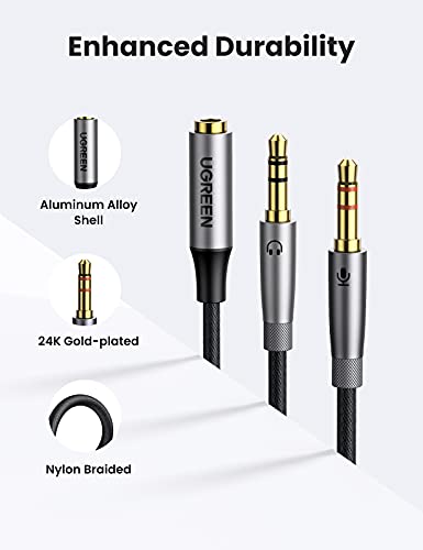 UGREEN Headphone Splitter Cable 3.5mm 2 Male to Female PC Headset Adapter | Connects TRRS Headset to PC with Separate Mic Audio Ports, Oxygen-free Copper, Braided Cable, Aluminum Alloy Case, 7.8 inch
