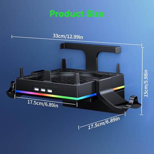 RGB Wall Mount for Xbox Series X -Sturdy Shelf Holder Load Up 10Kg | Integrated Ventilation, RGB Light, 3 USB Port, Prevent Falling, 2 Holder, Headphone Stand & Dust Cover Kit - Wall