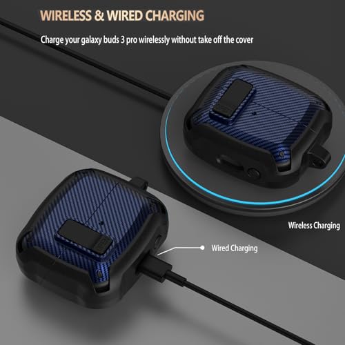 Compatible Samsung Galaxy Buds 3 Pro Case/Bud 3 Cover Clip with Cleaner Kit, Military Shell Protective Armor Case Cover with Lock & Carabiner for Galaxy Buds 3/3 Pro 2024 Men Women Black Blue - color: Black-Blue