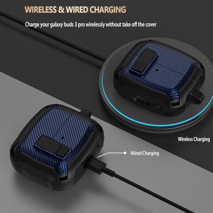 Compatible Samsung Galaxy Buds 3 Pro Case/Bud 3 Cover Clip with Cleaner Kit, Military Shell Protective Armor Case Cover with Lock & Carabiner for Galaxy Buds 3/3 Pro 2024 Men Women Black Blue - color: Black-Blue