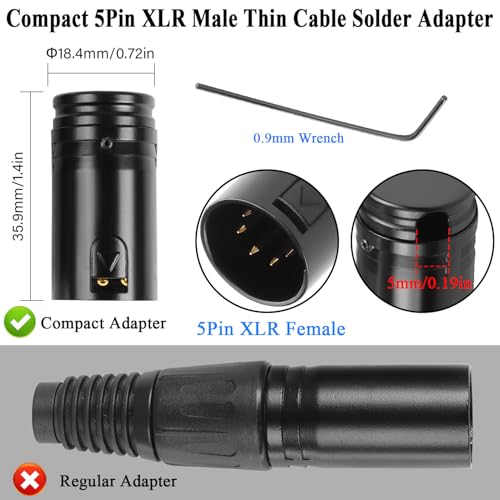 QIANRENON Compact 5Pin XLR Solder Audio Adapter Adjustable 90° Angle 5Pin XLR Male Microphone Thin Cable Connector Gold Plated x-LR 5 DMX 512 Plug, for DIY Repair 5-Pole X-LR, with 0.9mm Spanner