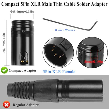 QIANRENON Compact 5Pin XLR Solder Audio Adapter Adjustable 90° Angle 5Pin XLR Male Microphone Thin Cable Connector Gold Plated x-LR 5 DMX 512 Plug, for DIY Repair 5-Pole X-LR, with 0.9mm Spanner