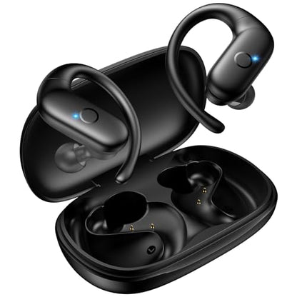 Sport Wireless Earbuds,60Hrs BT5.4 ENC IPX7 Waterproof Earhooks Deep Bass | 14.2mm drivers deliver rich stereo sound. Soft silicone ensures a secure, painless fit for long workouts. - color: Black