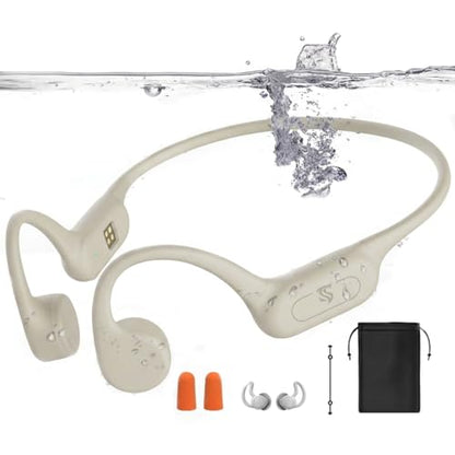 Swimming Headphones Bone Conduction Headphones IPX8 Waterproof Apricot | Waterproof Earbuds for Swimming ,Open Ear Earphones with MP3 Mode 32GB,8H Play Bluetooth 5.4 Ear Buds Secure Fit for Running - color: Apricot