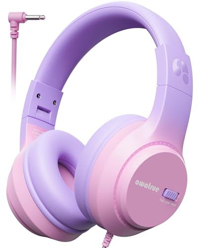 awatrue Kids Headphones for School, 74‑85‑94dB, 3.5mm Jack, HK07 | Foldable Wired Over Ear Headphones, for Toddler School/Travel/iPad/Tablet, Pink-Purple - color: Purple Pink