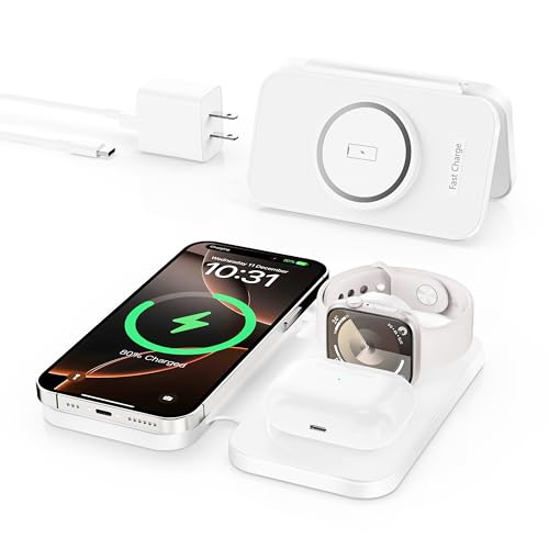 2026 Traveling Portable Wireless Mag-Safe Fast Charging Station | Magnetic 3 in 1 Charger for iPhone 17 16 15 14 13 12 Pro Max Plus,Apple Watch Series & Air pods 4 3 2 Pro-Gifts for Family - color: White