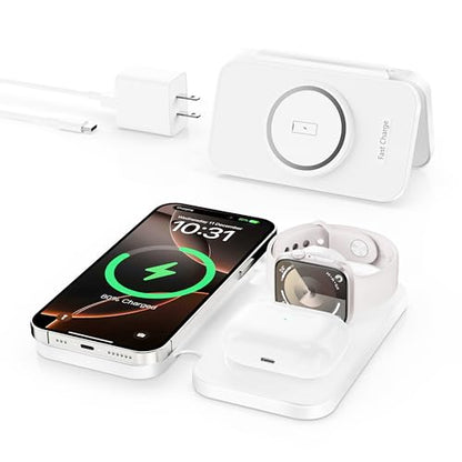 2026 Traveling Portable Wireless Mag-Safe Fast Charging Station | Magnetic 3 in 1 Charger for iPhone 17 16 15 14 13 12 Pro Max Plus,Apple Watch Series & Air pods 4 3 2 Pro-Gifts for Family - color: White