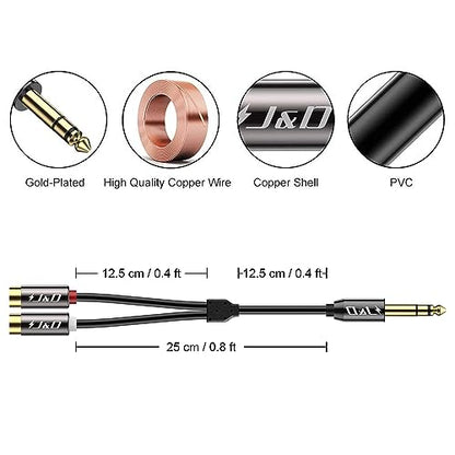 J&D 6.35 mm to 2RCA Cable, Gold Plated Copper Shell Heavy Duty 6.35mm 1/4 inch Male TRS to Stereo 2 RCA Female Splitter Audio Adapter Cable, 0.8 Feet