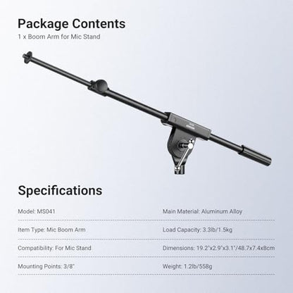 NEEWER Microphone Boom Arm for Mic Stand, Aluminum Compact Lightweight Portable Telescopic Extension Pole, 1/4" Screw & 3/8" Spigot for Universal Mics Adapter Mount Accessories, Max Load 3.3 lb, MS041 - style: MS041