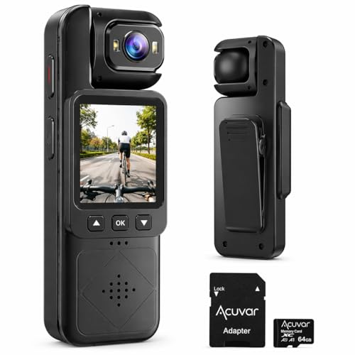 Acuvar Mini Clip-On Body Camera 1080P with 360° Rotating Lens, Wearable Recording Camera with WiFi, LCD Screen & 64GB Card