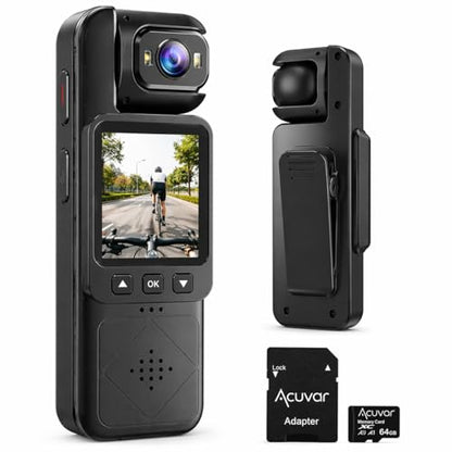 Acuvar Mini Clip-On Body Camera 1080P with 360° Rotating Lens, Wearable Recording Camera with WiFi, LCD Screen & 64GB Card