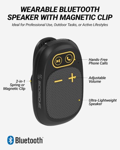 Scosche Magnetic Clip-On Wearable Bluetooth Speaker with Built-in Mic for Hands-Free Calls, IP65 Waterproof & Dustproof Jobsite Speaker for Work and Outdoors, Compact and Lightweight Portable Design