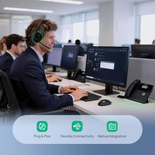 Yealink Phone Headsets for Office Phones YHS34 QD to RJ9 Wired Headset | Leather ear pads,Compatible with Poly Snom Phones Desk Landline Headset with Microphone -Dual/129g/2.1m Cable - color: leather Ear Cushions, size: Dual