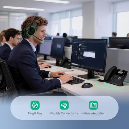 Yealink Phone Headsets for Office Phones YHS34 QD to RJ9 Wired Headset | Leather ear pads,Compatible with Poly Snom Phones Desk Landline Headset with Microphone -Dual/129g/2.1m Cable - color: leather Ear Cushions, size: Dual