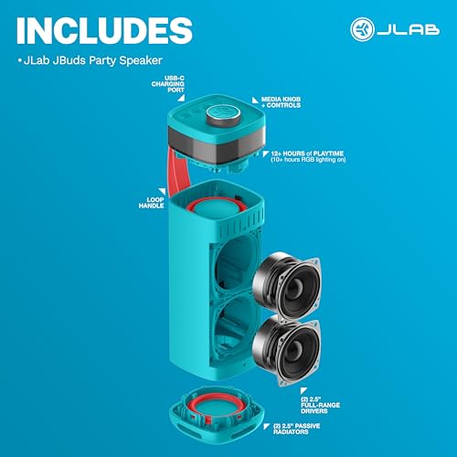 JLab, JBuds Party, Portable Bluetooth Speaker, Waterproof Outdoor Speaker, RGB Lighting, Multi-Speaker Connect, Cyan - color: Cyan