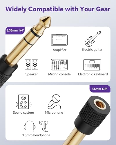 VCELINK Gold-Plated 6.35mm to 3.5mm Audio Adapter, Professional Audio Gear | 2 Pack For Headphones, Guitar, Mixer, Amp, Keyboard