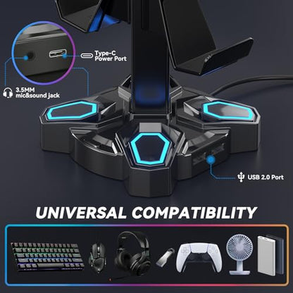 KDD Gaming Headphones Stand, Rotatable Headset Stand with Light Modes - Controller Holder with 2 USB Charging Ports and 3.5mm - Earphone Hanger Accessories for Desktop Gamer(Black) - color: Black