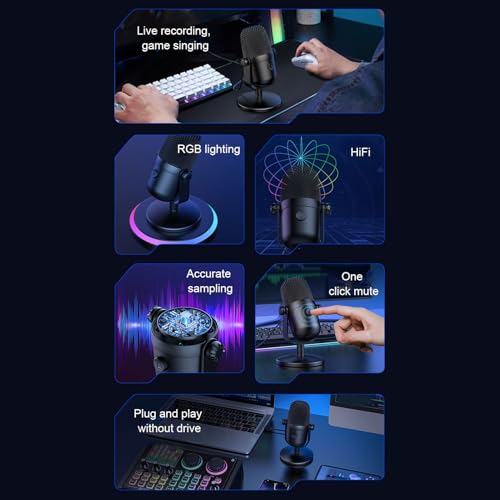 USB Condenser Studio Microphone, RGB Plug Play PC Gaming Mic with Quick Mute Buttons, Noise Cancelling for Streaming Podcast Recording Video Call Zoom Skype
