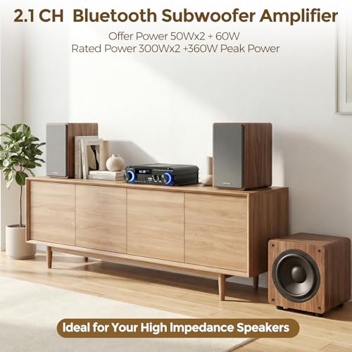 Romicta 2.1 Channel Stereo Audio Amplifier, 300Wx2+360W Home Audio Stereo Receiver Bluetooth 5.0 with USB/AUX, Remote, Bass Treble & Sub Control, for Active/Passive Subwoofer & Speaker